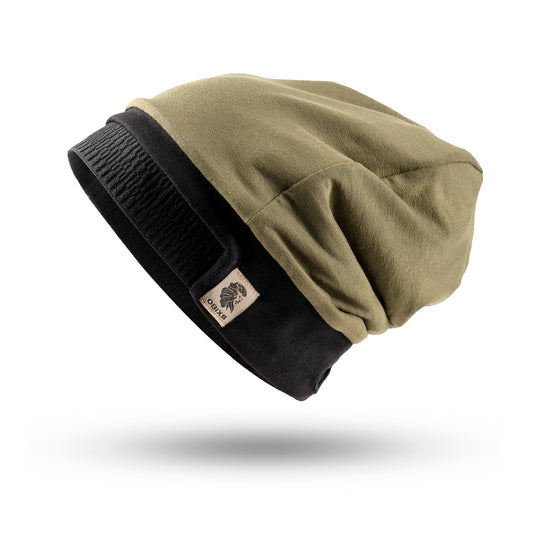 OBIXS® Handtuchmütze Khaki mit schwarzem Bund als Produktfreisteller.