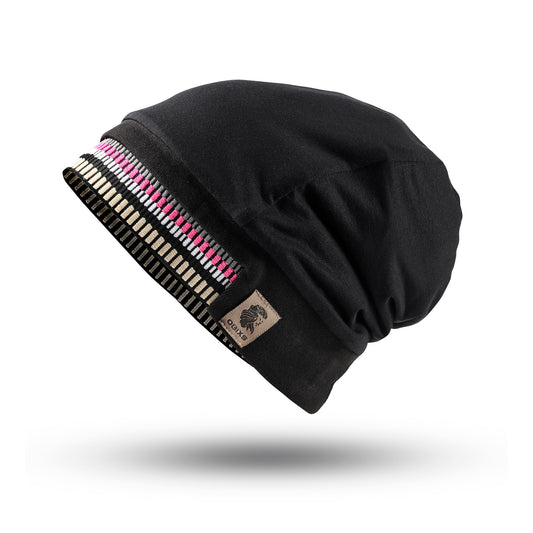 Schwarze OBIXS® Handtuchmütze mit buntem Saum, freigestellt auf weißem Hintergrund.