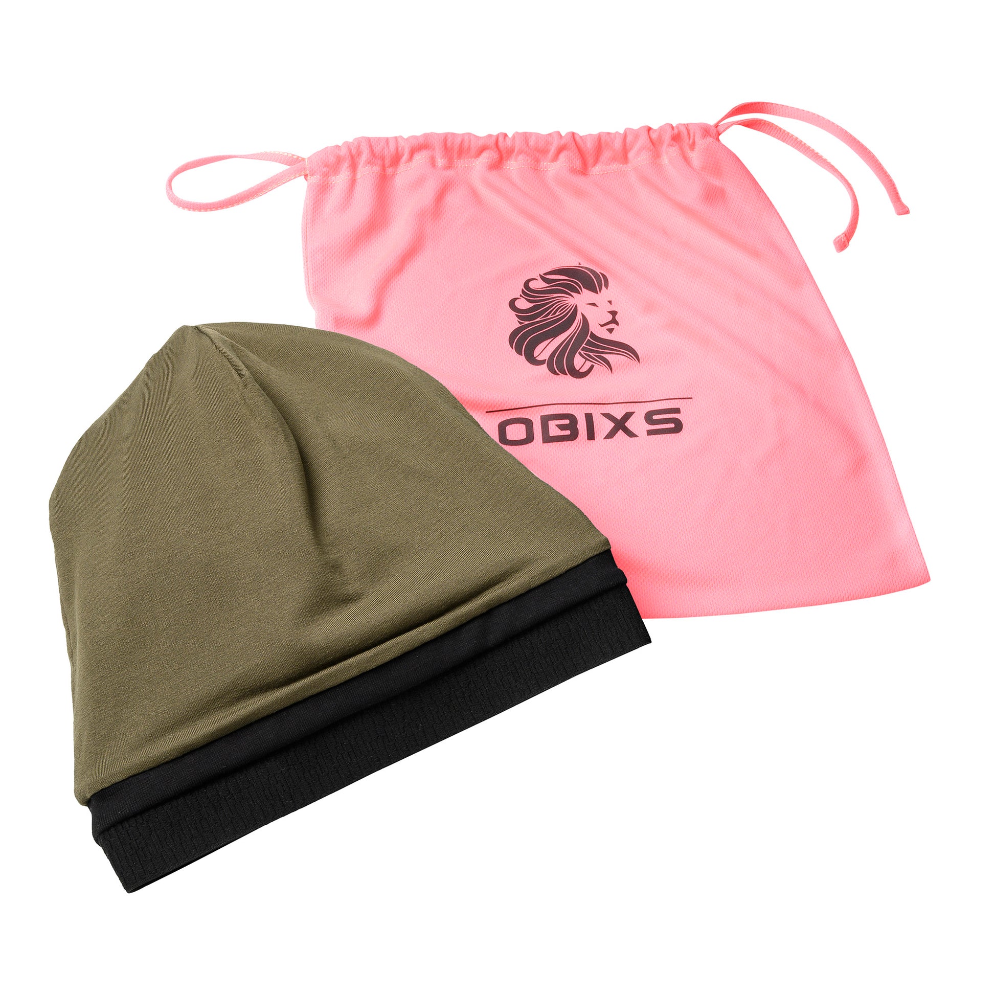 OBIXS® Handtuchmütze Khaki mit rosa Stoffbeutel im Lieferumfang
