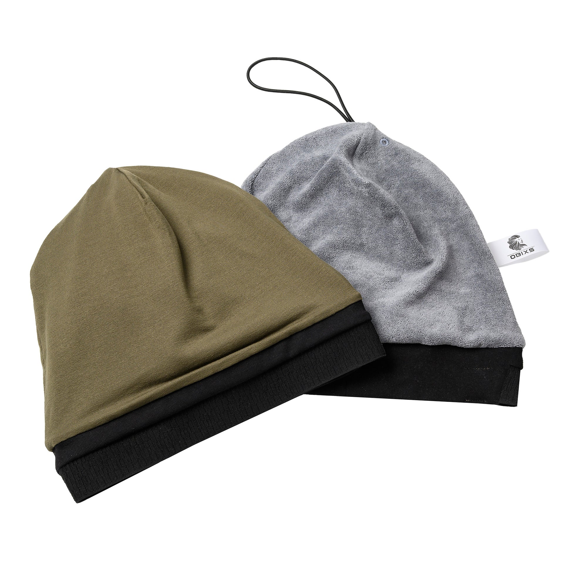 OBIXS® Handtuchmütze Khaki und Innenansicht der Mütze - grau und weiches Handtuch mit verstellbarer Schlaufe und Etikett
