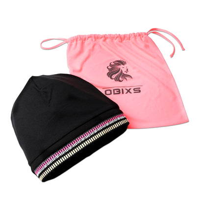 OBIXS® Handtuchmütze Schwarz mit rosa Stoffbeutel, plastikfreie Verpackung.